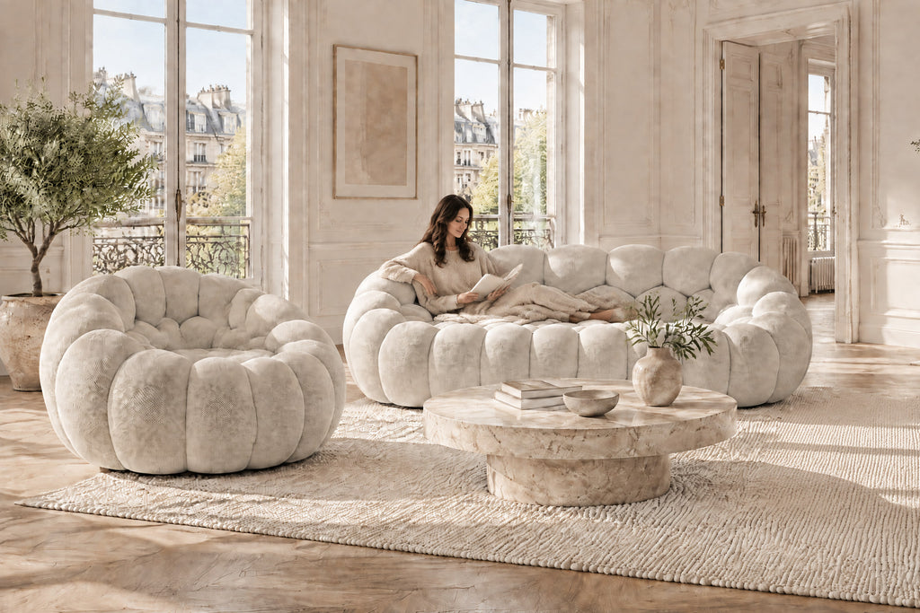 Pack canapé et fauteuil Bubble, coloris Craie, dans un salon (visuel d'illustration)
