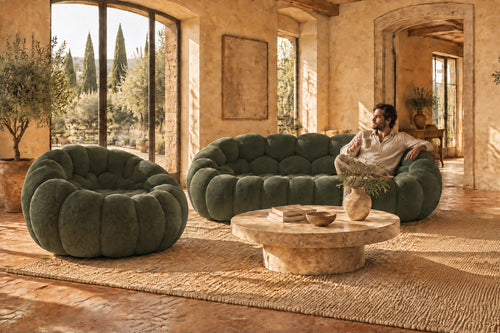 Pack canapé et fauteuil Bubble, coloris Cyprès, dans un salon (visuel d'illustration)