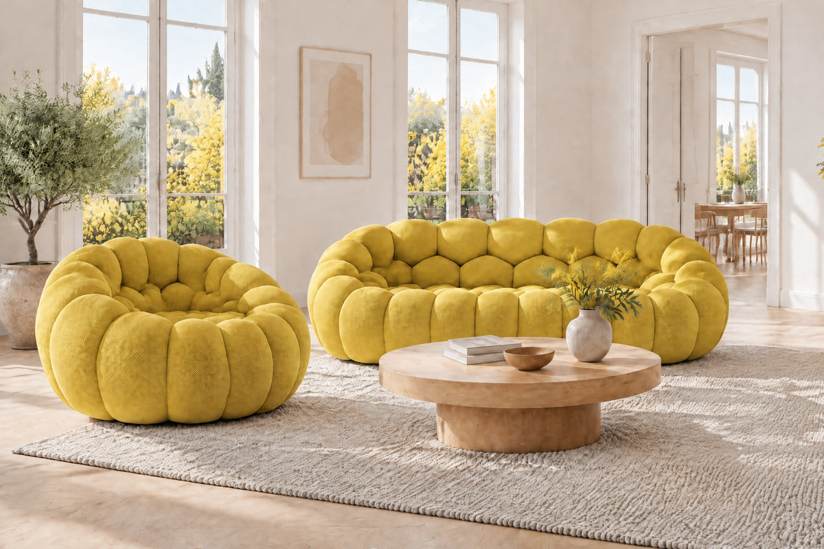 Pack canapé 4 places et fauteuil Bubble, coloris Mimosa, dans un salon (visuel d'illustration)