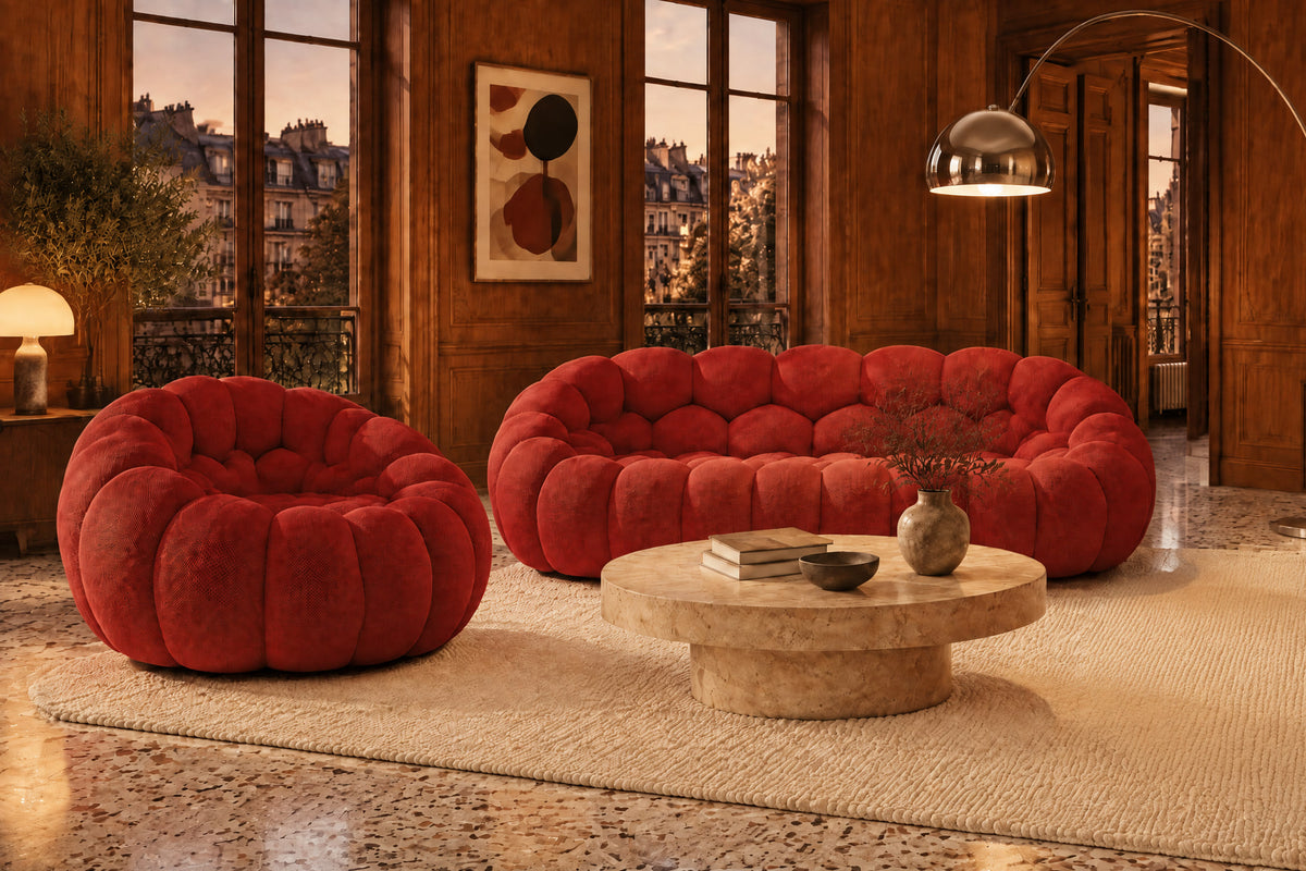 Pack canapé et fauteuil Bubble, coloris Vermillon, dans un salon (visuel d'illustration)